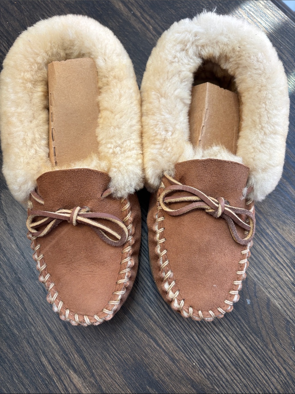 LL Bean Wicked Good moccasins shearling lined, suede, rawhide tie, size 6